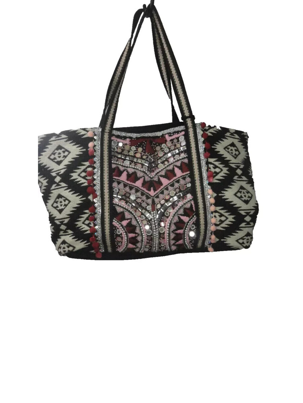 Aqua Womens Shoulder Bag Tote Aztec Geometric Quilted w/Pom Pom & Rhinestones